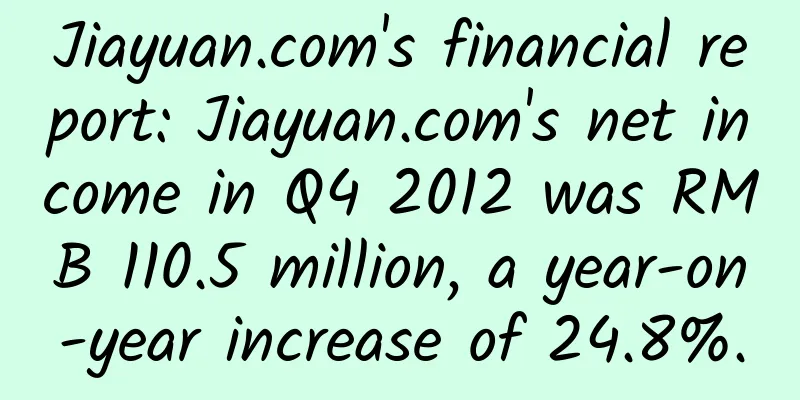 Jiayuan.com's financial report: Jiayuan.com's net income in Q4 2012 was RMB 110.5 million, a year-on-year increase of 24.8%.